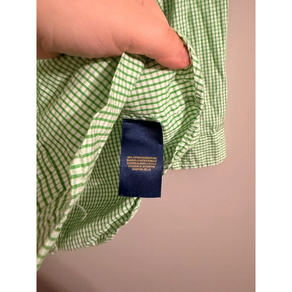 Ralph Lauren Button Down Shirt Boys 7 Green Gingham Plaid Long Sleeve Pony Logo